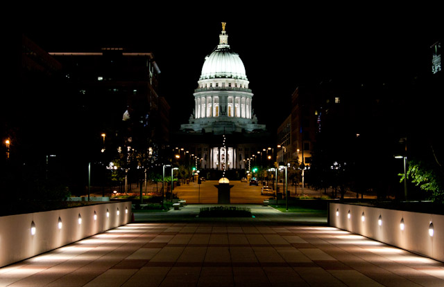 The Capitol Building at night.